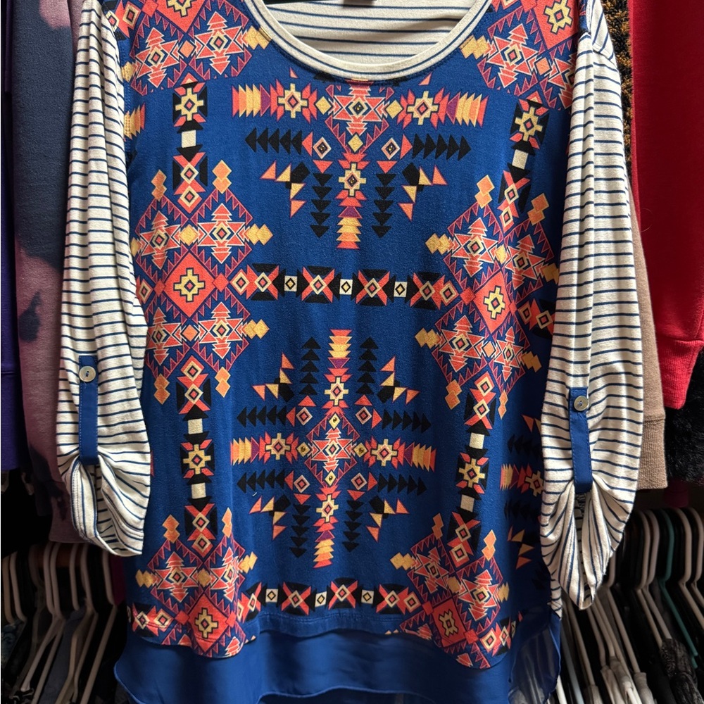 Multiples Geometric Print Blue and Orange Blouse